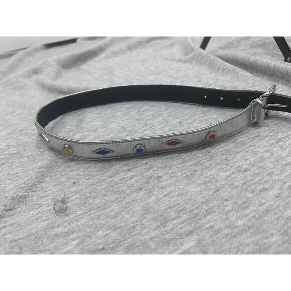 Jeweled Silver Leather Belt Women's Size Medium Rhinestone Rivet Stone - Picture 1 of 8
